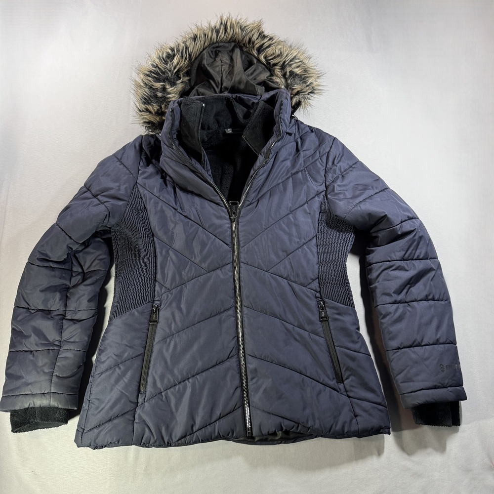 Free Country Womens Navy Blue Puffer Jacket Faux Fur Hood Fleece Lined Size S